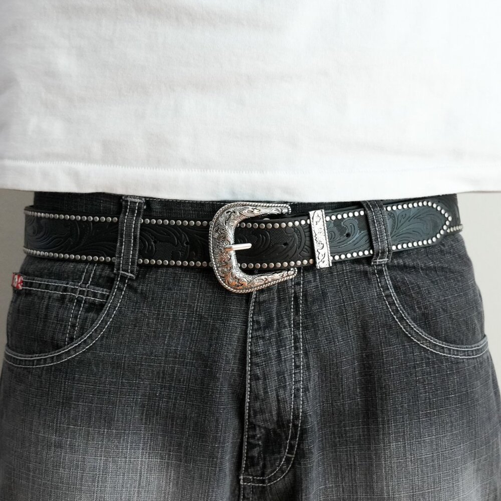 y2k silver buckle black tooled leather belt — western swirl wave style